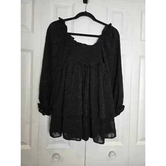 Altar'd State Black Flowy Layers Floral Embroidered Puff Sleeve XS Dress - Picture 1 of 8